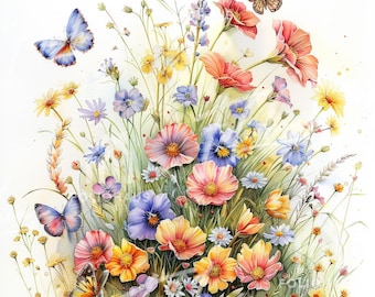 16 Botanical Florals Watercolor Clipart High Res PNG Flowerbed Wildflowers Printable Junk Journal Paper Crafts, Instant Digital Art Download