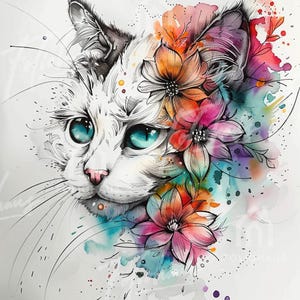 May include: Watercolor illustration of a white cat with striking blue eyes and a pink nose. The cat's head is adorned with colorful flowers in shades of orange, pink, and red. The artwork has a soft, artistic style.