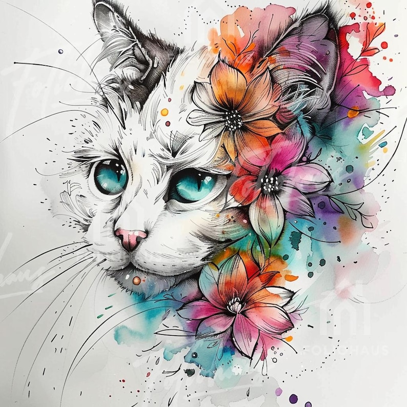 May include: Watercolor illustration of a white cat with striking blue eyes and a pink nose. The cat's head is adorned with colorful flowers in shades of orange, pink, and red. The artwork has a soft, artistic style.
