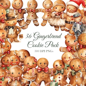 36 Gingerbread Man Cookie Clipart Pack Christmas PNG Digital Download 300 DPI Commercial Use Digital Paper Holiday Card Art Image Bundle