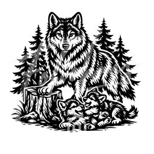 May include: Black and white illustration of a wolf with two cubs in a forest setting. The adult wolf stands on a tree stump, while the cubs are lying down. The image is a detailed, stylized drawing.
