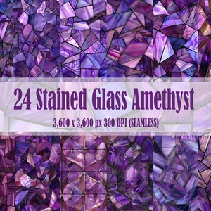 Stained Glass Amethyst Digital Paper Pack of 24 Pattern Seamless Glass Tile Art Scrapbooks Sublimation Commercial Use JPEGs 300 DPI Texture