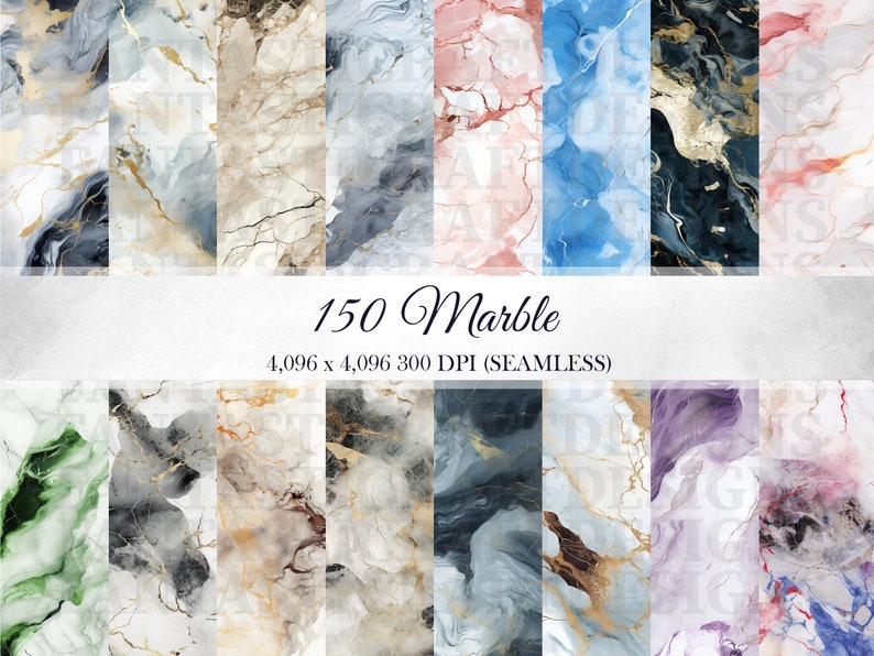 May include: 150 seamless digital paper patterns featuring abstract marble designs in various colors, including blue, green, pink, and gray with gold accents. The patterns are 4,096 x 4,096 pixels and 300 DPI.