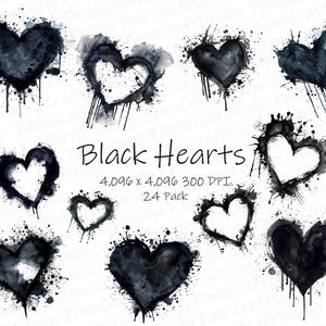 Black Hearts Paint Splatter Splash Acuarela Clipart Corazón 24 Paquete PNG Descarga digital 300 DPI Uso comercial Sublimación Arte Imagen Paquete