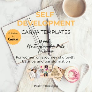 Self Development Canva Templates | 55 Life Transformation Posts for Women | Wellness, Growth, Habits, Mindset | Instagram + Facebook