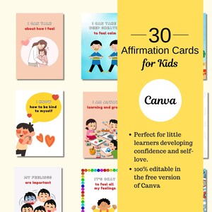 30 bearbeitbare Kinder Affirmationskarten Canva Vorlage - Druckbare positive Affirmationen für Kinder | Selbstwertgefühl und Vertrauensbauer