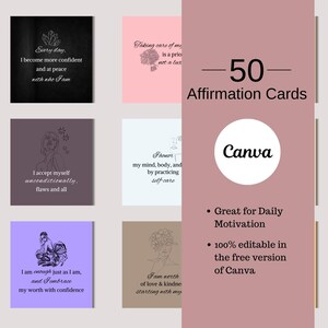 50 tarjetas de afirmación imprimibles / editables en Canva / mentalidad positiva / amor propio / confianza / motivación / bienestar / gratitud / manifestación