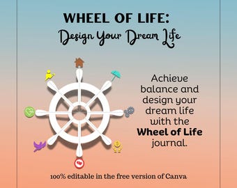 May include: A white wheel of life graphic with icons representing different areas of life, such as career, health, relationships, and finances. The text "WHEEL OF LIFE: Design Your Dream Life" is at the top of the graphic. The text "Achieve balance and design your dream life with the Wheel of Life journal." is on the right side of the graphic. The text "100% editable in the free version of Canva" is at the bottom of the graphic.