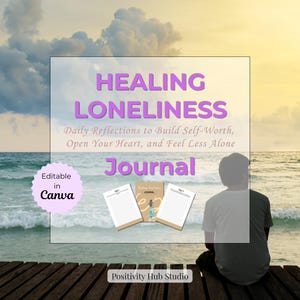 Puede incluir: Un diario titulado "Curando la soledad" con el texto "Reflexiones diarias para construir la autoestima, abrir tu corazón y sentirte menos solo." La imagen incluye tres páginas de diario abiertas.