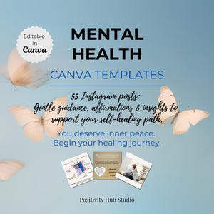 Mental Health Canva Templates | 55 Wellness Posts for Women | Instagram Content for Healing, Growth, Mindfulness, and Inner Peace