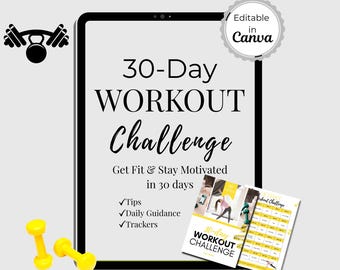 Workout Challenge for Women | 30-Day Fitness Journal, Daily Tracker, Home Workout Guide | Canva Template