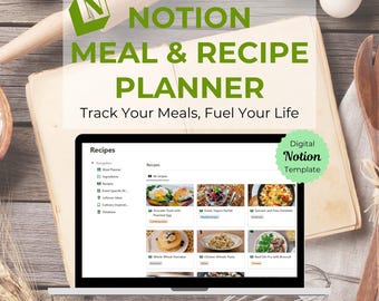 Notion Meal & Recipe Planner Template | Meal Prep, Grocery List, Food Journal, Recipe Database and Inventory Tracker