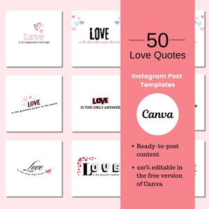 50 citações de amor | Modelo de 50 citações do Instagram | Modelos de citações editáveis | Citações de postagens no Instagram | Modelos do Instagram | Canva editável