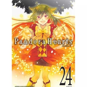 May include: A manga book cover featuring a young woman with green hair and a red and yellow dress. The title "Pandora Hearts" is written in large letters with the number "24" and the word "FINAL" below it.