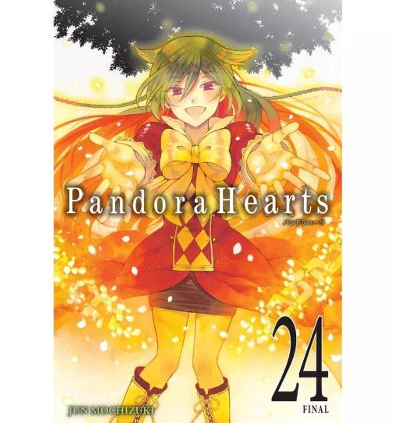 May include: A manga book cover featuring a young woman with green hair and a red and yellow dress. The title "Pandora Hearts" is written in large letters with the number "24" and the word "FINAL" below it.