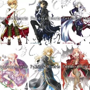 May include: A collection of six manga volumes of Pandora Hearts, featuring different characters from the series. The covers are illustrated in a black and white style with a focus on the characters' eyes and expressions.
