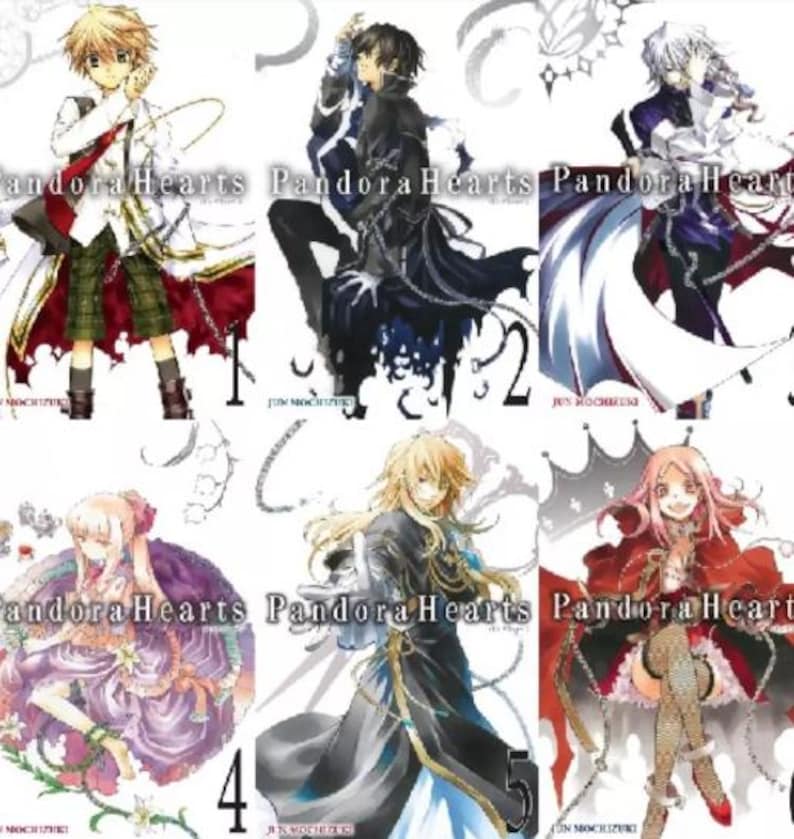 May include: A collection of six manga volumes of Pandora Hearts, featuring different characters from the series. The covers are illustrated in a black and white style with a focus on the characters' eyes and expressions.