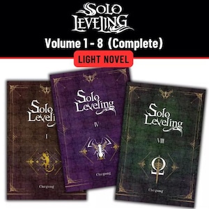 May include: A collection of three "Solo Leveling" light novels. The covers are in shades of brown, purple, and green, with gold accents and the series title. The top banner reads "Volume 1-8 (Complete)" and "LIGHT NOVEL".