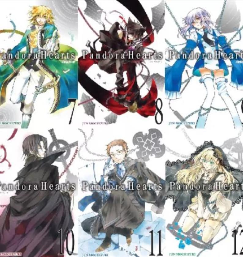 May include: A collection of manga covers for Pandora Hearts, volumes 7, 8, 10, 11, and 12. The covers feature different characters from the series, including Oz, Alice, Gilbert, and Break.