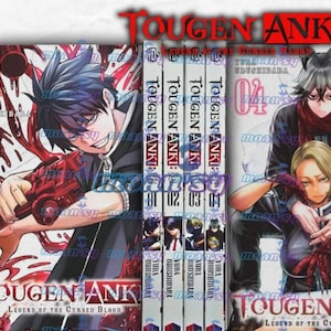 Puede incluir: Una colección de cuatro volúmenes de manga titulada "Tougen Anki: Legend of the Cursed Blood". Las portadas presentan ilustraciones vibrantes de personajes con poses dinámicas y colores llamativos, incluyendo rojo y negro. Los lomos muestran el título de la serie y los números de volumen.