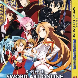 May include: DVD case for "Sword Art Online" anime series. The cover features several anime characters with swords, in a variety of poses. The title is displayed in English and Japanese. The DVD case is yellow and has the DVD logo.