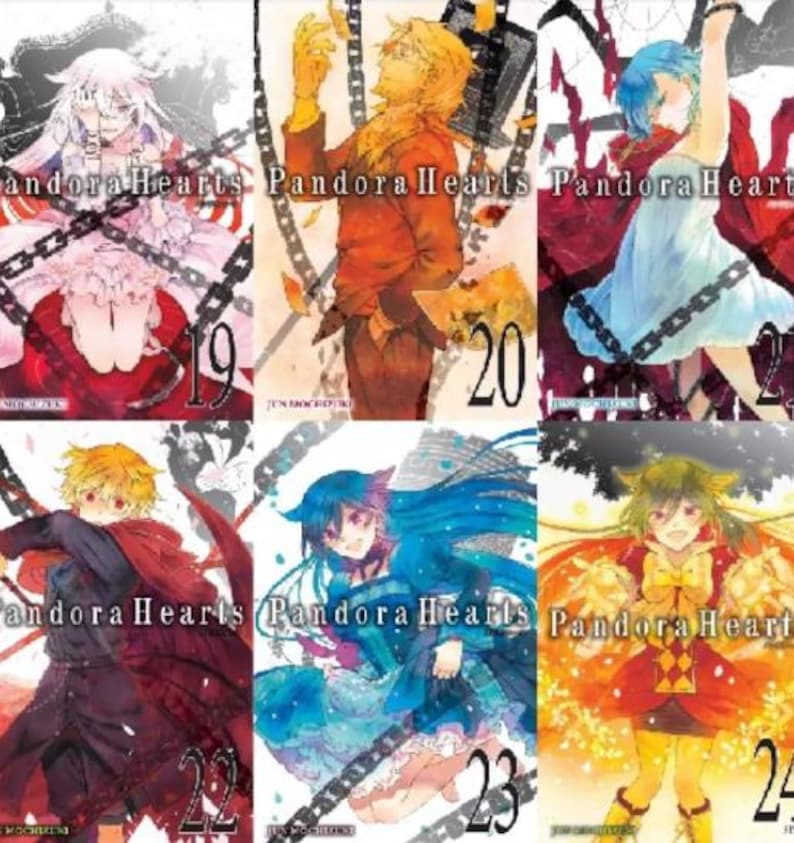 May include: A collection of six manga volumes of Pandora Hearts, volumes 19 through 24. The covers feature colorful illustrations of the characters from the series.
