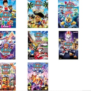 May include: A collection of eight DVD cases featuring the cartoon characters from the show Paw Patrol. The cases are all different colors and feature different scenes from the show. The text on the cases reads "Paw Patrol" and "Season 1", "Season 2", "Season 3", "Season 4", "Season 5", "Season 6", "Season 7", and "Season 8".