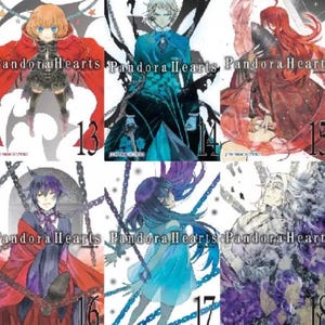 May include: A collection of six manga volumes of Pandora Hearts, volumes 13 through 18. The covers feature different characters from the series, including a young girl with red hair, a man with white hair, a woman with black hair, and a man with purple hair.