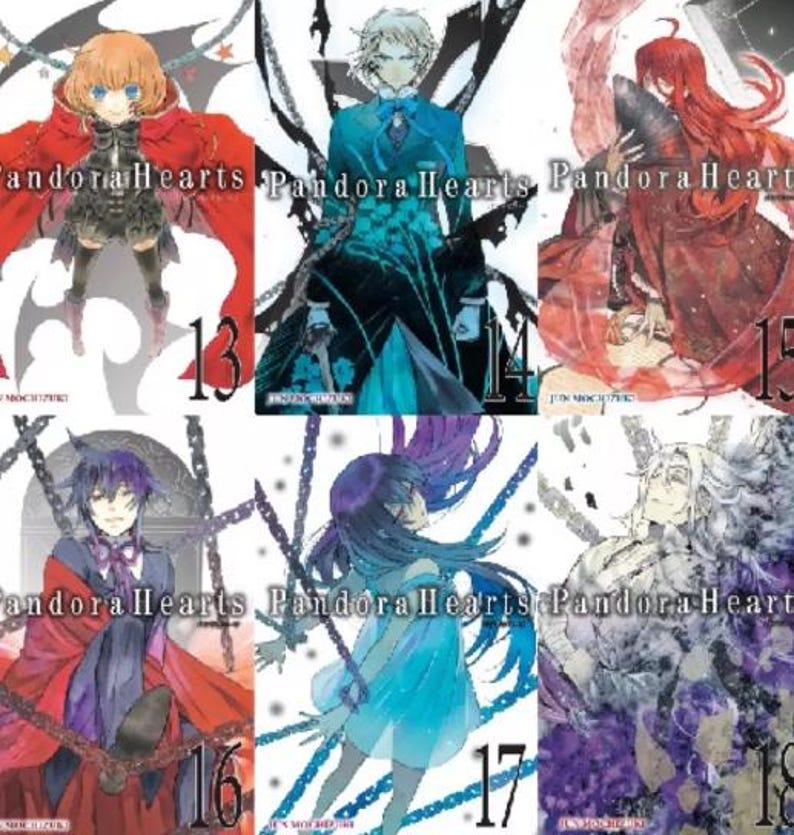 May include: A collection of six manga volumes of Pandora Hearts, volumes 13 through 18. The covers feature different characters from the series, including a young girl with red hair, a man with white hair, a woman with black hair, and a man with purple hair.