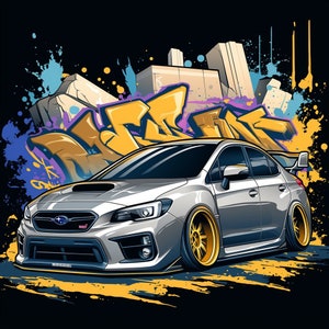 May include: Illustration of a silver sports car with gold rims, set against a backdrop of graffiti art in yellow, blue, and purple. The car has a spoiler and a low profile, with a Subaru emblem on the front.