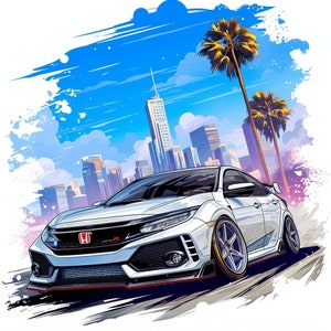 May include: A white Honda Civic Type R sports car driving down a city street with palm trees and skyscrapers in the background.