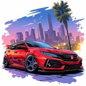 May include: A red Honda Civic Type R sports car with black accents and a large rear wing. The car is parked in front of a city skyline at sunset.