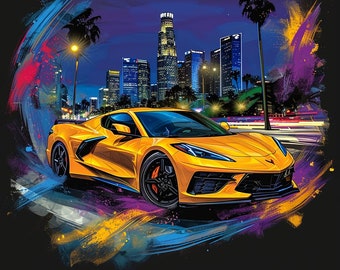 Yellow Chevrolet Corvette Z06 Stingray Sports Car Poster Wall Art Printable Digital Download png svg jpg pdf
