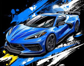 Blue Chevrolet Corvette Z06 Chevy Stingray Sports Car Poster Wall Art Printable Digital Download png svg jpg pdf