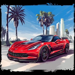 Petite Corvette rouge C7 Z06 Chevrolet Muscle voiture de sport affiche d'art fond papier peint imprimable téléchargement numérique svg png jpg pdf