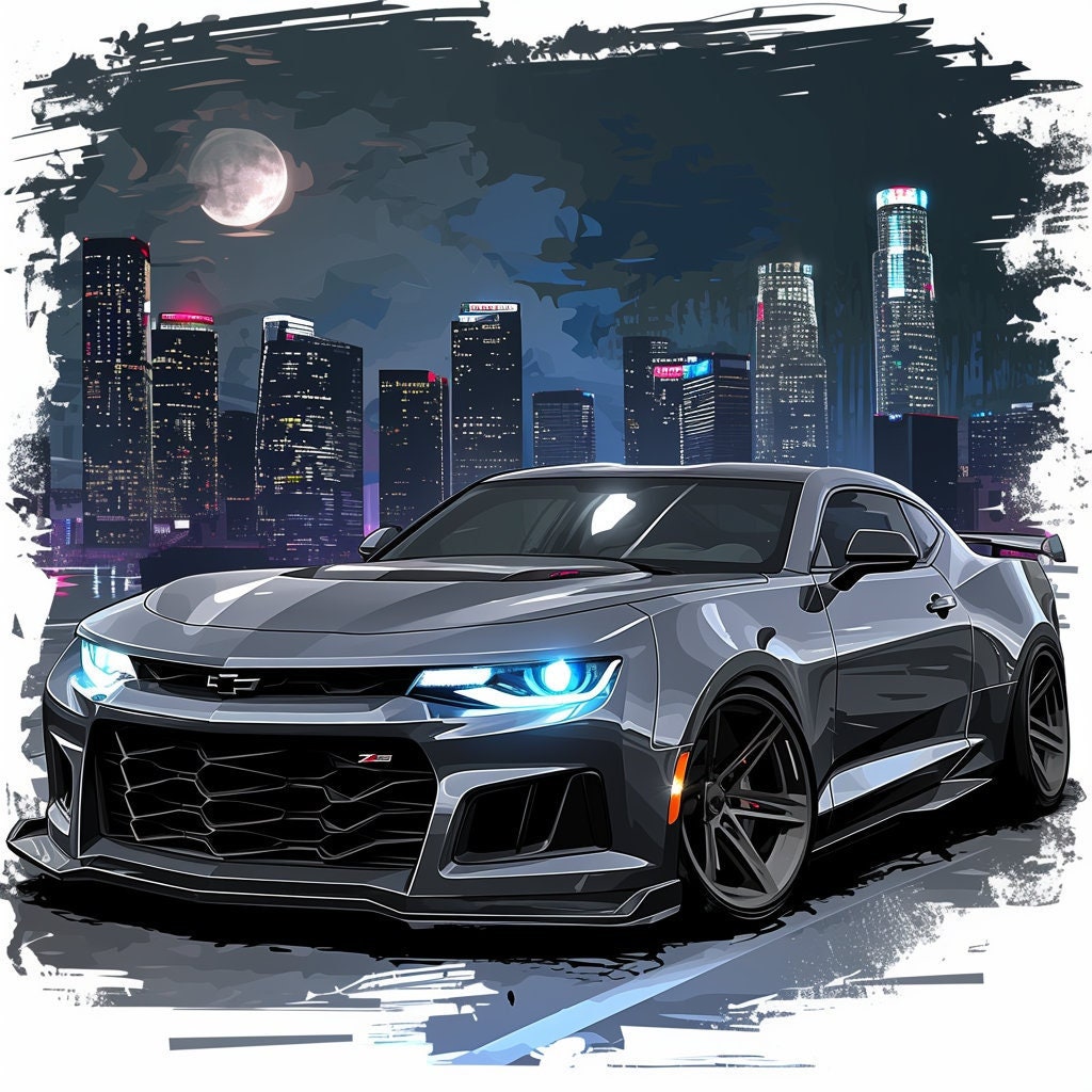 Chevrolet Camaro ZL1 Chevy Muscle Car Art Cityscape Background Wallpaper Printable Digital Download svg png jpg pdf