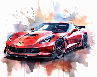 Little Red Corvette Z06 Watercolor Chevrolet Muscle Sports Car Art Poster Background Wallpaper Printable Digital Download svg png jpg pdf