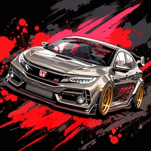 Puede incluir: Un Honda Civic Type R plateado con detalles rojos y llantas negras. El coche está sobre un fondo negro y rojo con salpicaduras de pintura. El coche tiene el texto "TODDY" y "74" en el lateral.