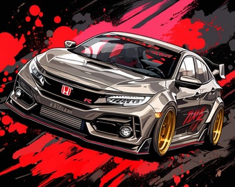 Może przedstawiać: Srebrny Honda Civic Type R z czerwonymi akcentami i czarnymi felgami. Samochód znajduje się na czarnym i czerwonym tle z rozbryzgami farby. Samochód ma napis "TODDY" i "74" z boku.