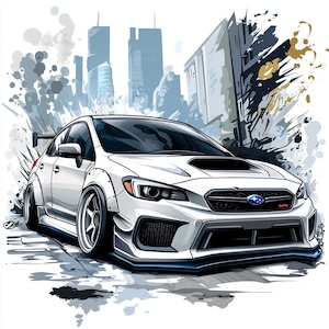 May include: A white Subaru WRX STI with black accents and a black grille. The car is in a city setting with a blurred background.