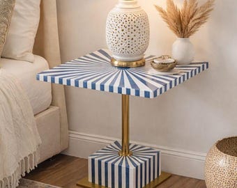 Handmade Blue & White Bone Inlay Square Side Table | European Boho Decor | Mediterranean Style Bedside Table