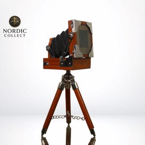 Vintage Wooden Camera Replica on Adjustable Tripod: Photography Prop Decor