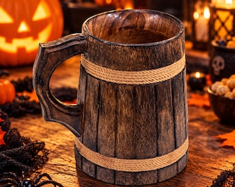 May include: A dark brown wooden beer mug featuring a barrel-like design with vertical slats and two horizontal bands of light tan rope wrapped around the top and bottom sections, complete with a sturdy, curved handle on the side.