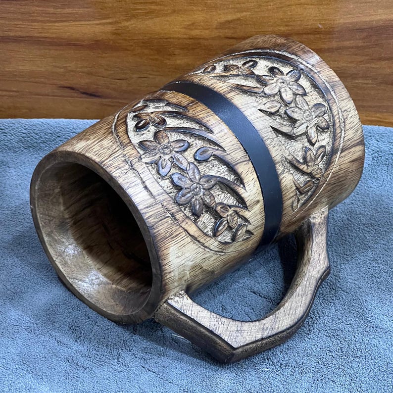 Vintage-Inspired Wooden Mug with Floral Carving & Black Metal Strap – Handcrafted Modern Tankard image 1
