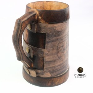 Personalized Viking Beer Mug: Rustic Wooden Tankard with Leather Wrap image 5