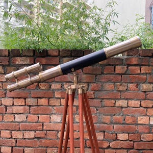 Vintage Brass Spyglass Telescope on Wooden Tripod – Nautical Steampunk Decor | Retro Gift Idea for Men | Personalized Maritime Accent