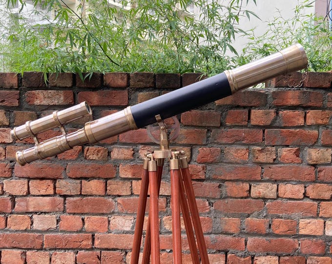 Vintage Brass Spyglass Telescope on Wooden Tripod: Nautical Steampunk Decor