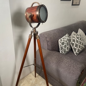 Vintage Nautical Spotlight Brown Leather Floor Lamp Searchlight Tripod Home Decor Antique LED Floor Lamp Lighting
