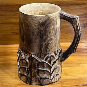 engraved wooden drink mug classy style carving for beer and coffee classical antique finish