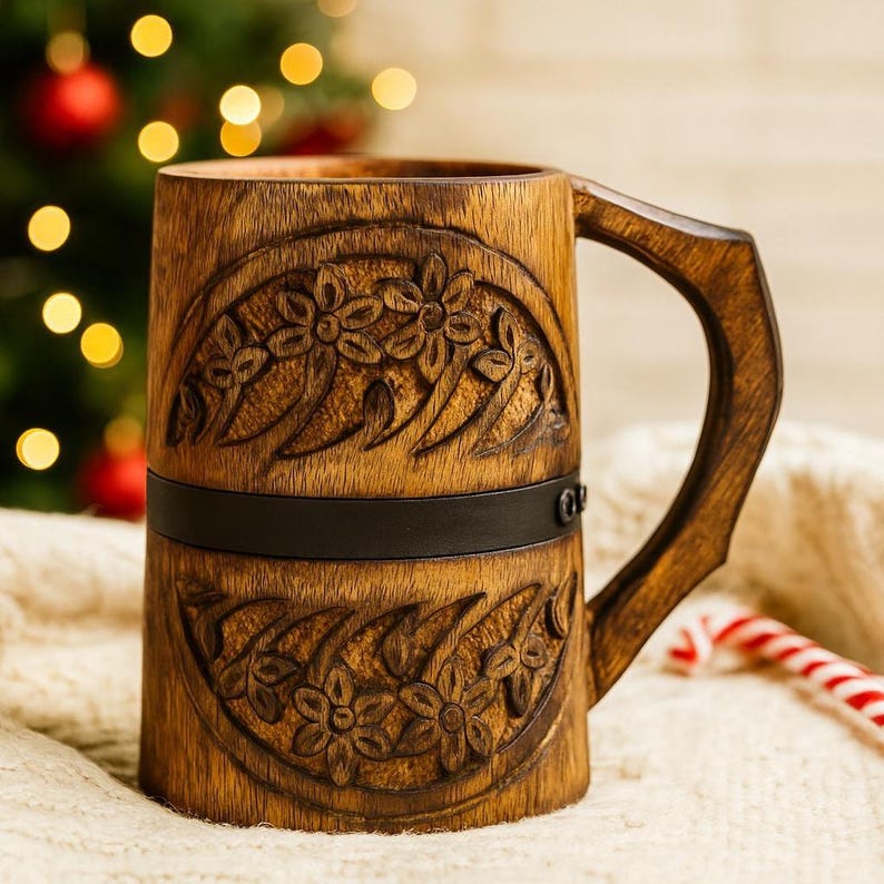 Vintage-Inspired Wooden Mug with Floral Carving & Black Metal Strap – Handcrafted Modern Tankard image 8